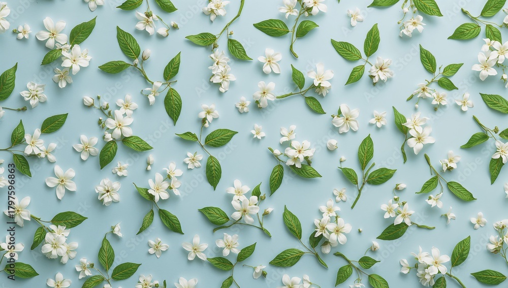 Fototapeta premium Pattern featuring jasmine flowers and leaves on a soft blue backdrop, suitable for editorial header background