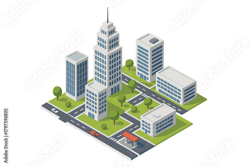 Isometric modern city landscape with skyscrapers, commercial buildings, roads, and green park areas