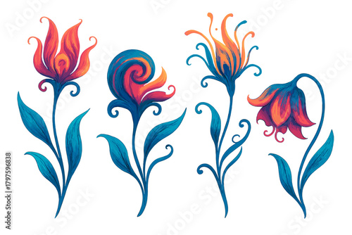Four magical fantasy flowers with vibrant orange and blue petals and decorative swirling stems on white background