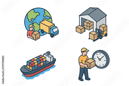 Global shipping and logistics service featuring warehouse, container ship, and delivery