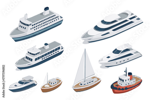 Isometric collection of water transport vessels including ferries, yachts, sailboats, and tugboats
