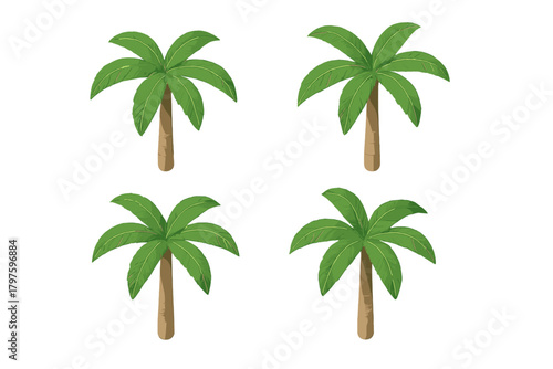 Four isometric palm trees with lush green fronds and textured brown trunks isolated on white