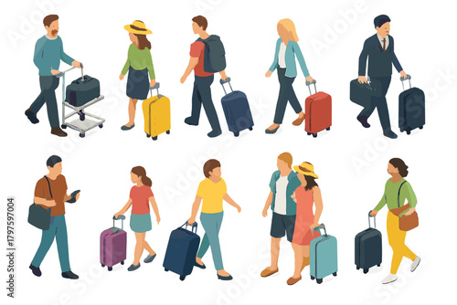 Diverse group of people walking with rolling suitcases and travel bags for vacation or business trip