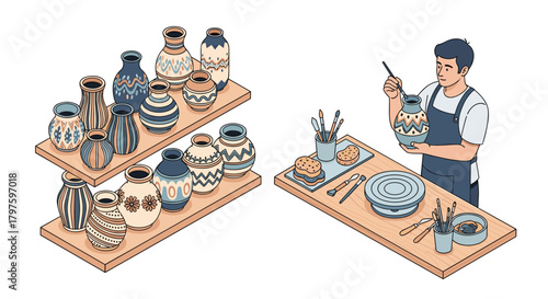 Craftsman painting intricate designs on ceramic vase in bright pottery studio creating unique pieces of art for sale in a modern craft market