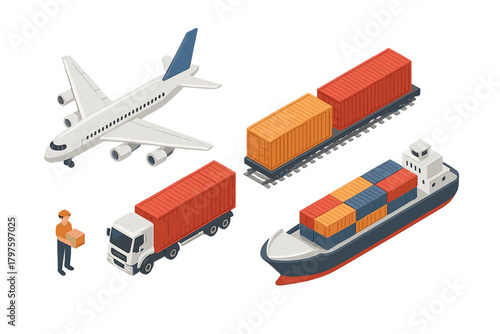 Isometric global logistics set showing airplane, cargo ship, truck, and train with shipping containers