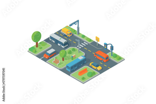 Isometric view of a city street intersection with traffic flow, public transport, and green spaces
