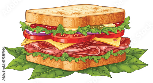 Delicious towering sandwich with ham and cheese ready for lunch break or picnic adventure today