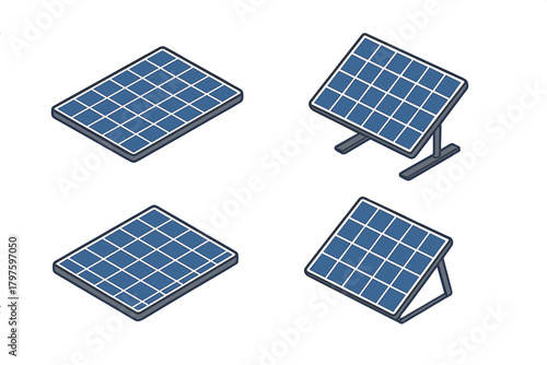 Isometric solar panels showing various mounting options for renewable energy generation