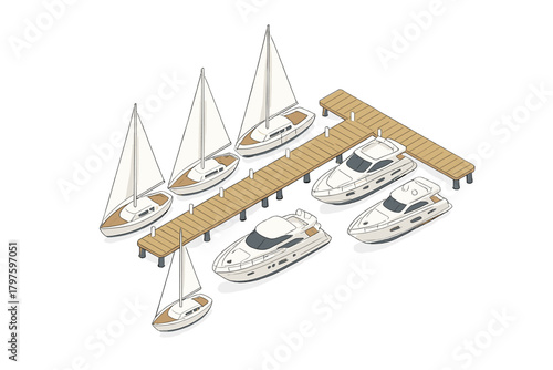 Isometric marina scene showing sailboats and luxury motor yachts docked at a wooden pier