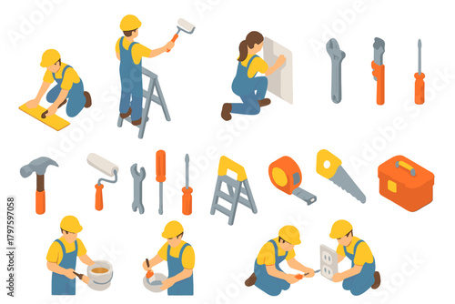 Isometric set of construction workers, handymen, and essential tools for home renovation and building repair