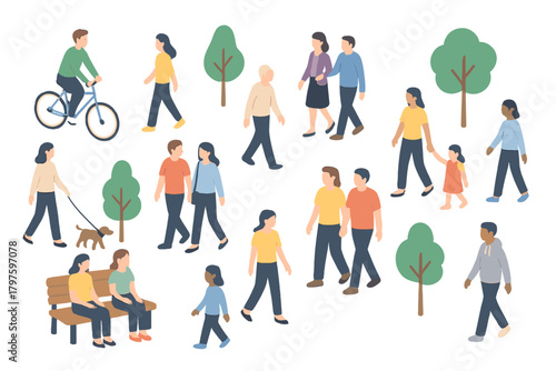 Diverse group of people walking, cycling, and relaxing outdoors in a park setting