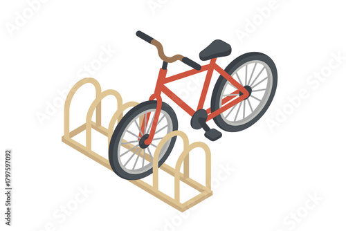 Red bike parked in a simple wooden bicycle rack structure isolated on white