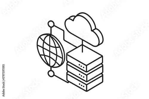 Isometric design showing global data network and cloud computing infrastructure