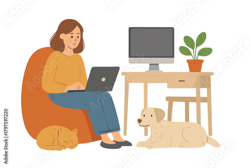 Woman working remotely on laptop at home desk with dog and cat companions