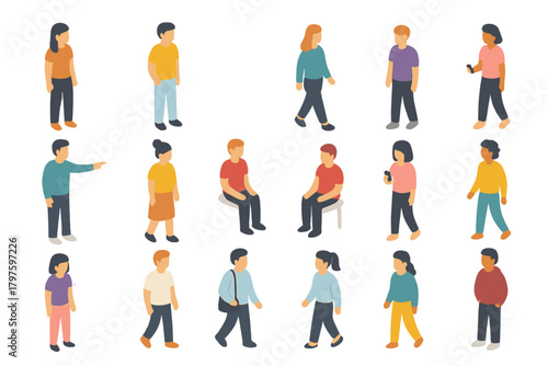 Isometric set of diverse adult characters performing various everyday poses and actions
