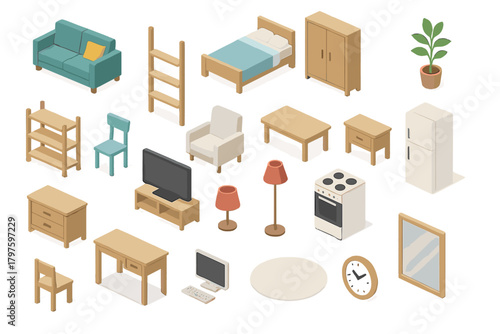 Isometric set of various home furniture and household appliances for interior design