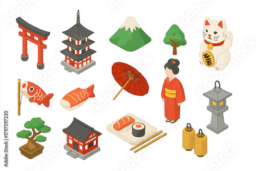 Isometric set of traditional Japanese culture symbols: Torii gate, pagoda, Mount Fuji, kimono, sushi, Maneki-neko cat
