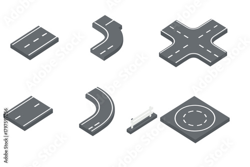 Isometric road construction kit with straight sections, curves, crossroads, and traffic circle elements