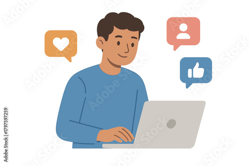 Man using laptop surrounded by social media icons for likes and followers