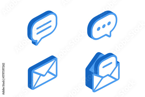 Isometric icons set for digital communication with speech bubbles and mail envelopes