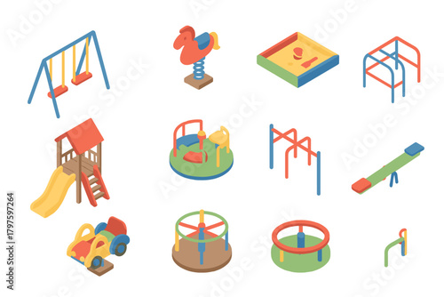 Colorful playground equipment in isometric view including swings, slide, sandbox, and seesaw