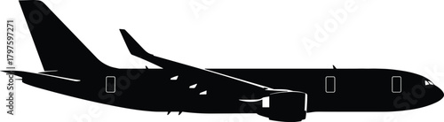 Black silhouette of a passenger airplane with engines and windows on white aircraft airliner