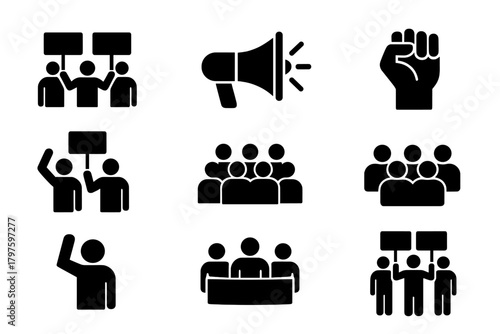 Set of protest and activism icons including raised fist, megaphone, and groups of people holding placards