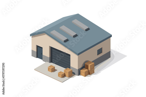 Isometric storage unit building with large garage door and delivery boxes on the loading dock