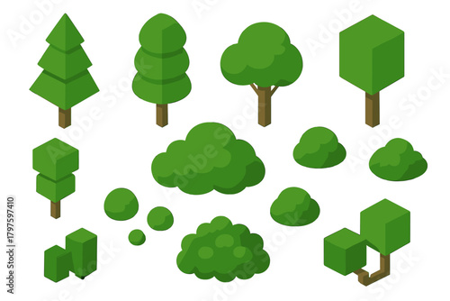 Isometric set of diverse green trees and shrubs for landscape and environment design