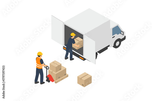 Professional delivery workers loading cardboard boxes onto a cargo truck for shipping and logistics operations