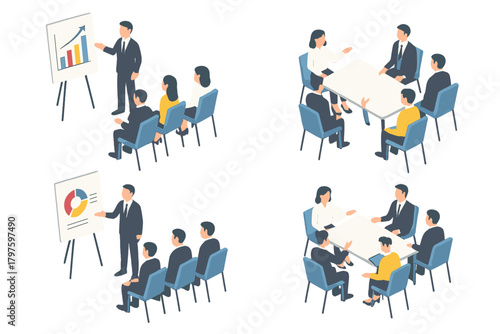 Business professionals attending corporate presentations and engaging in collaborative roundtable discussions