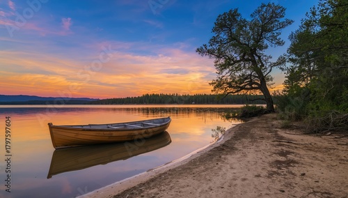 Wooden boat at sunset along...
