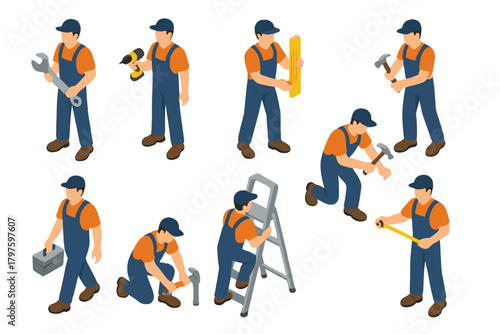 Isometric construction worker set performing repair and building tasks with tools