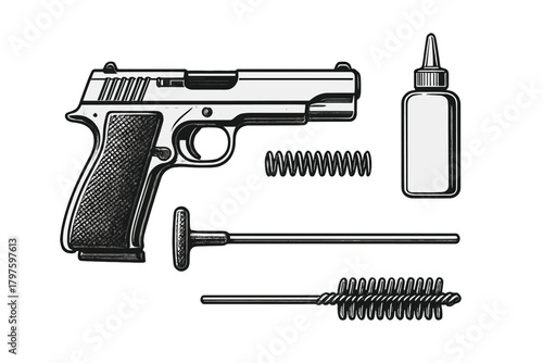 Classic semi-automatic pistol disassembled with maintenance tools and lubricant bottle