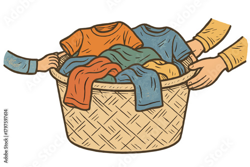 Multiple hands interacting with a woven laundry basket overflowing with colorful dirty clothes