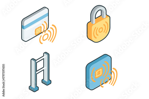 Isometric security and access control symbols for digital protection and wireless payment