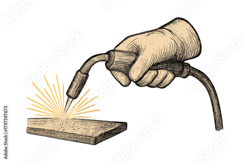 Welder's hand operating a torch generating bright sparks in engraving style