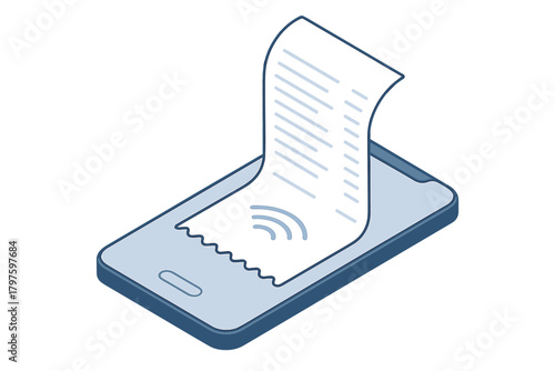 Isometric smartphone displaying a long digital receipt with wireless payment symbol