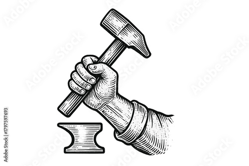 Working hand holding a hammer above an anvil in vintage wood engraving style