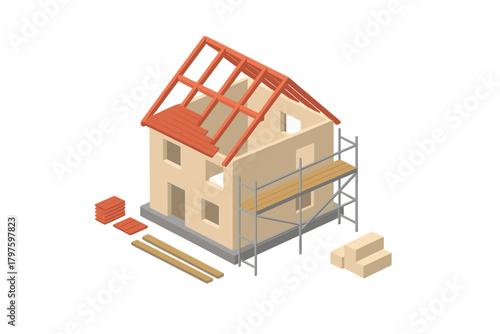 Isometric residential house structure under construction with roof framing and scaffolding