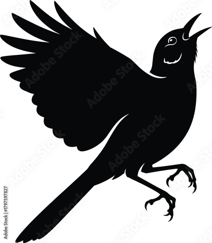 Black silhouette of a bird with wings spread wide and beak open white
