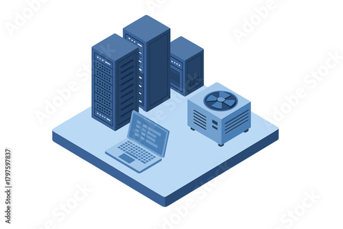 Isometric data center concept with server racks, cooling unit, and laptop on a platform
