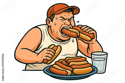 Sweating man aggressively eating multiple hot dogs in a competitive food challenge