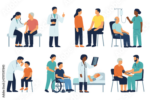 Medical staff performing checkups, consultations, and patient care procedures in a clinic