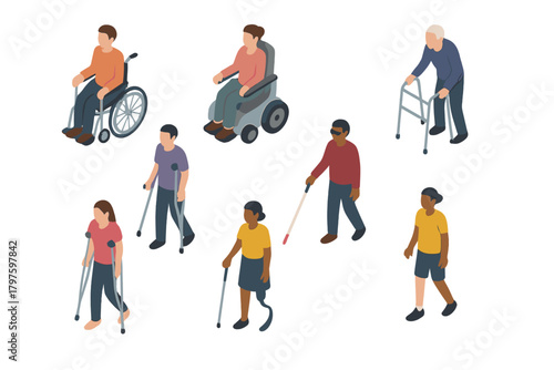 Diverse group of individuals with physical disabilities using mobility aids like wheelchairs, crutches, and canes