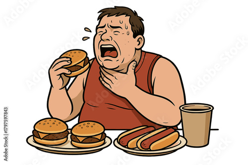Overweight man struggling to swallow a hamburger while surrounded by excessive fast food