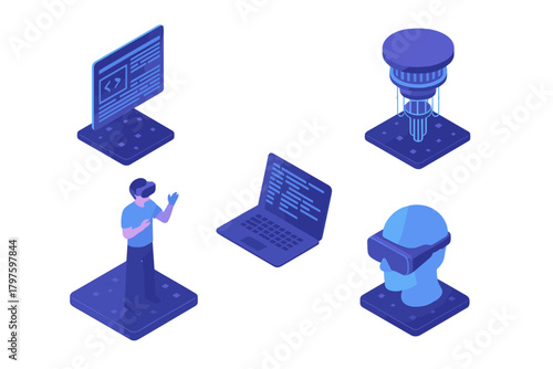 Isometric icons representing virtual reality, programming, and futuristic technology