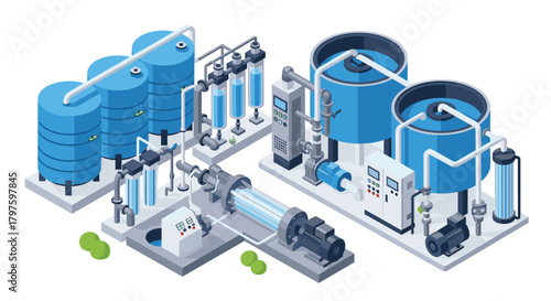 Modern isometric water purification plant illustration showcases clean water systems for industrial and commercial use emphasizing sustainability and innovation
