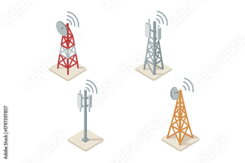 Isometric set of telecommunication towers broadcasting wireless network signals