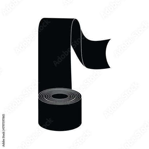 Black roll of tape unrolling with white highlights on white background adhesive